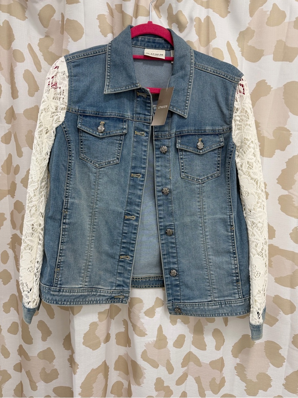 Chico's Medium Blue Denim Jacket with White Crochet Sleeves